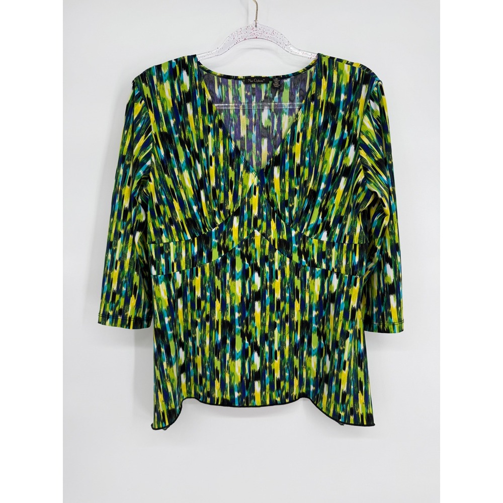 Nue Optionsβ Womens V-Neck 3/4 Sleeve Abstract Print Top Green Blue Yellow Sz M